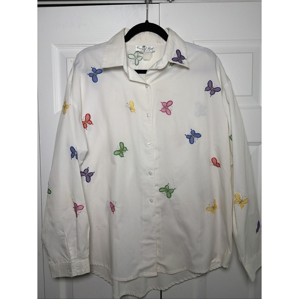 Coconut Row Butterfly Embroidered Shirt Womens Size XL White Button Down Vintage